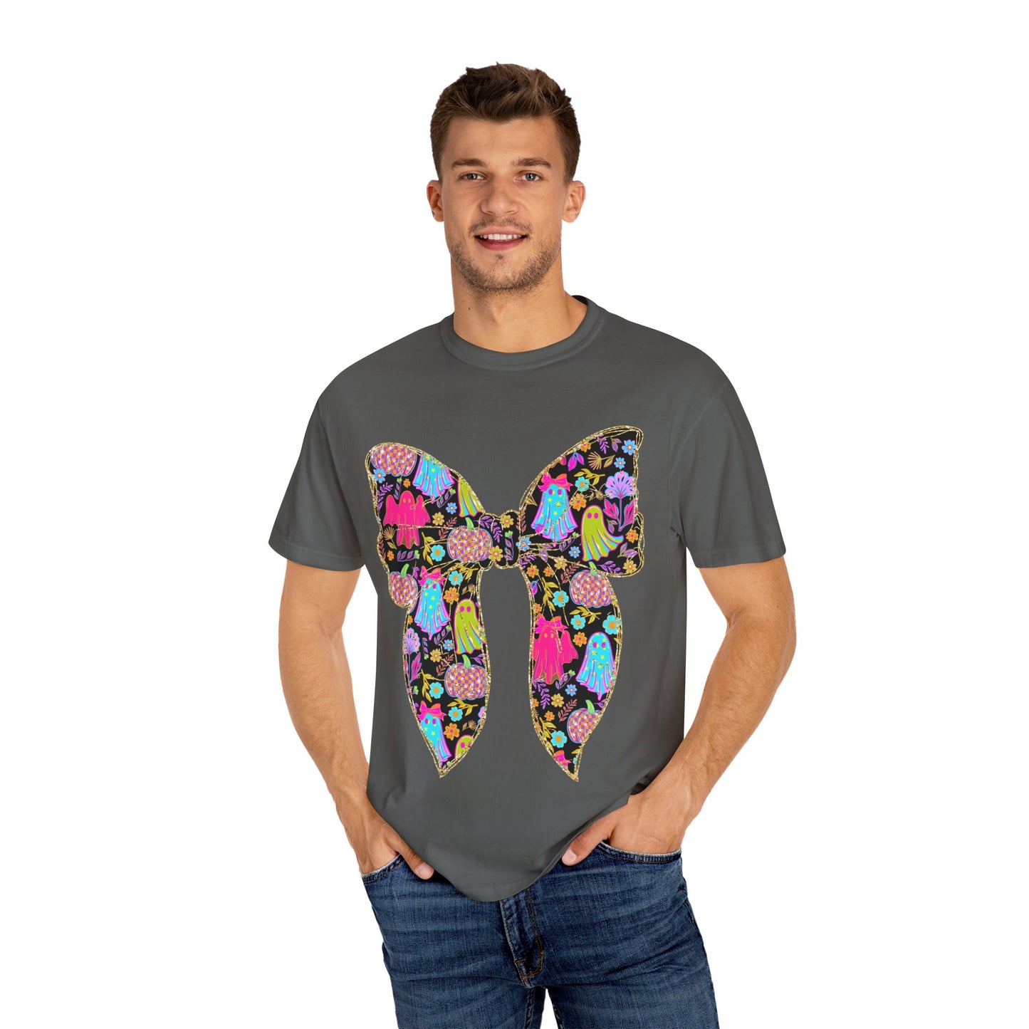 Colorful Ghosts Bow T-Shirt, Fun Halloween Top, Unisex Cotton Tee, Spooky Party Shirt, Whimsical Graphic T-Shirt, Perfect Gift for Occasions