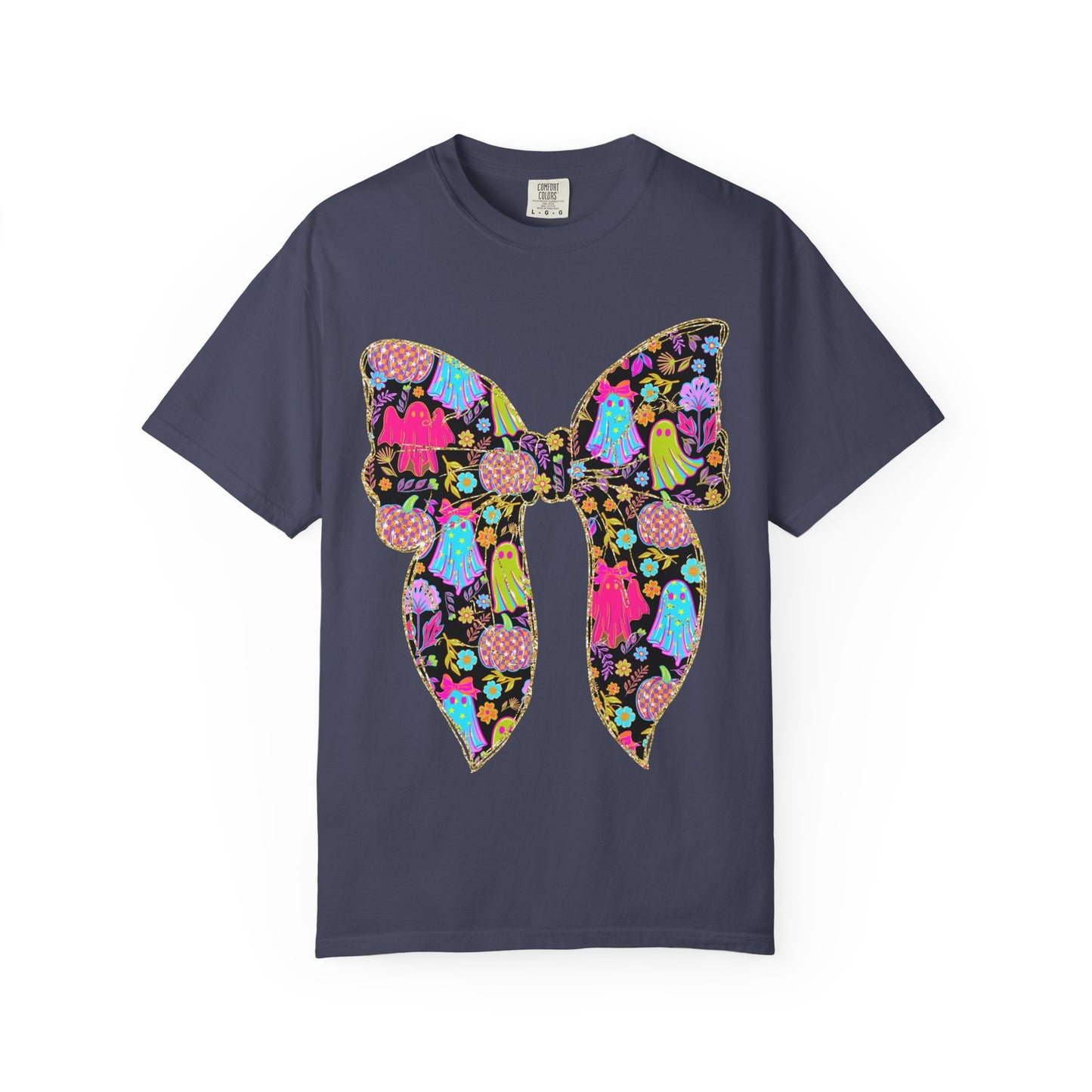 Colorful Ghosts Bow T-Shirt, Fun Halloween Top, Unisex Cotton Tee, Spooky Party Shirt, Whimsical Graphic T-Shirt, Perfect Gift for Occasions