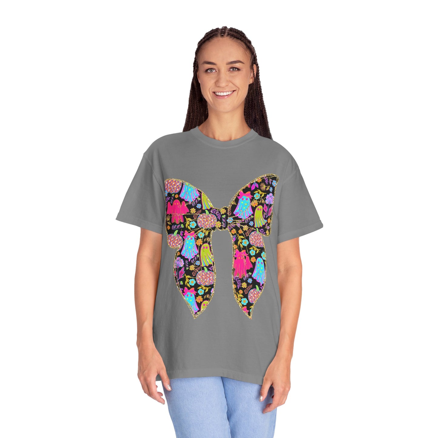 Colorful Ghosts Bow T-Shirt, Fun Halloween Top, Unisex Cotton Tee, Spooky Party Shirt, Whimsical Graphic T-Shirt, Perfect Gift for Occasions