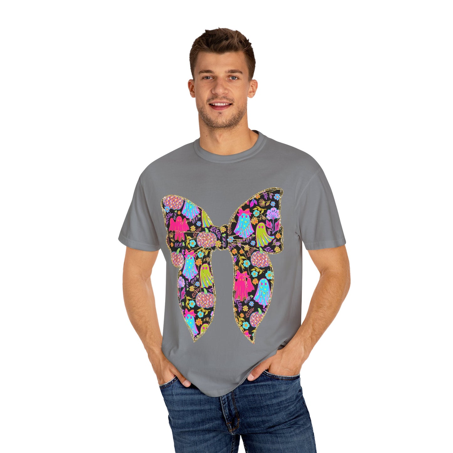 Colorful Ghosts Bow T-Shirt, Fun Halloween Top, Unisex Cotton Tee, Spooky Party Shirt, Whimsical Graphic T-Shirt, Perfect Gift for Occasions