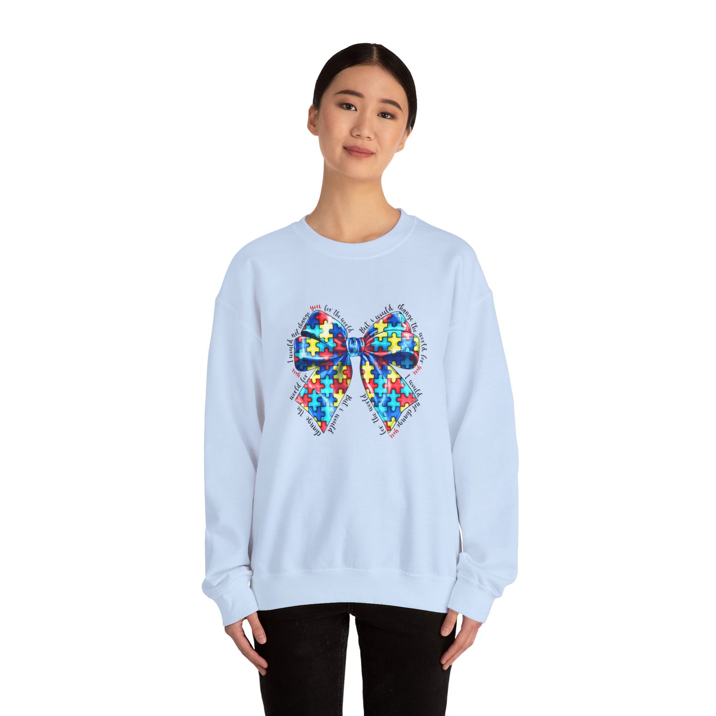 Autism Awareness Puzzle Bow Sweatshirt, Unisex Crewneck, Cozy Gift for Families, Support Autism, Everyday Wear, Holiday Apparel