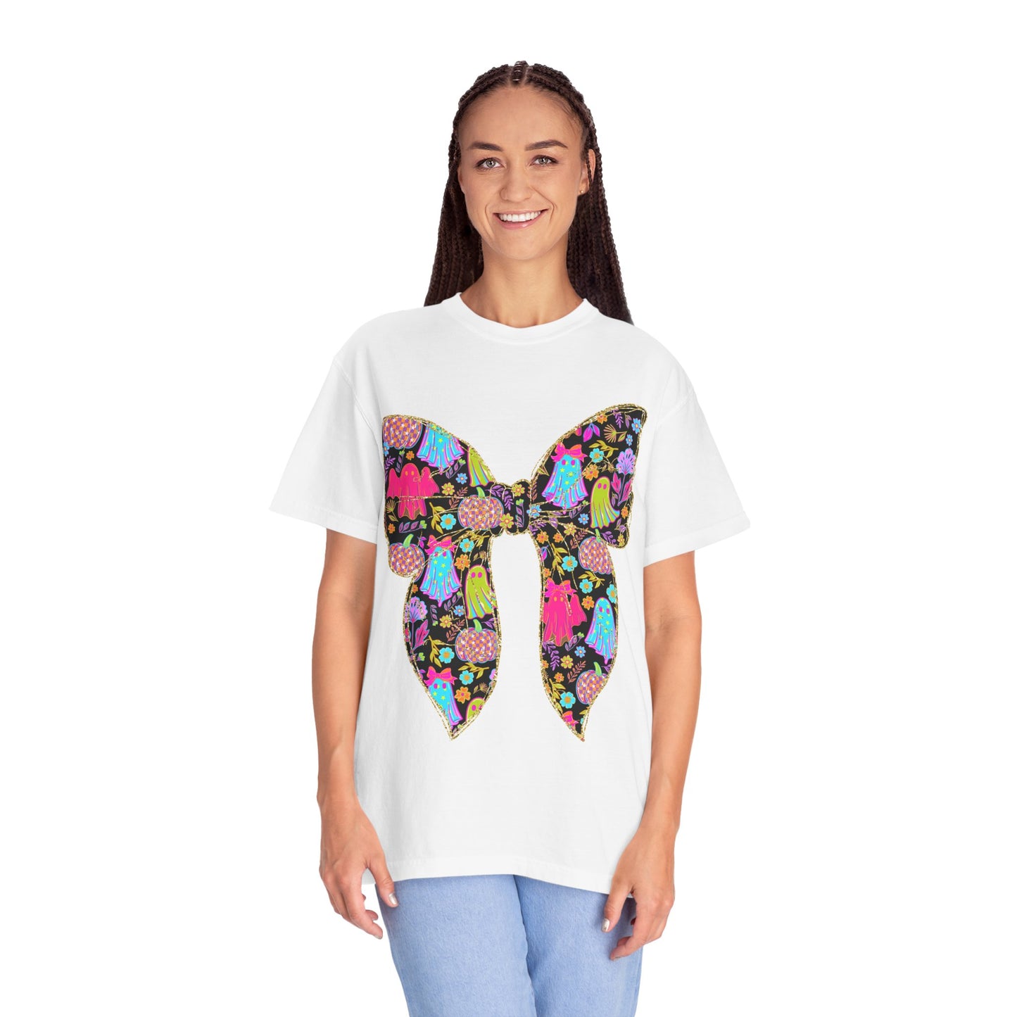 Colorful Ghosts Bow T-Shirt, Fun Halloween Top, Unisex Cotton Tee, Spooky Party Shirt, Whimsical Graphic T-Shirt, Perfect Gift for Occasions