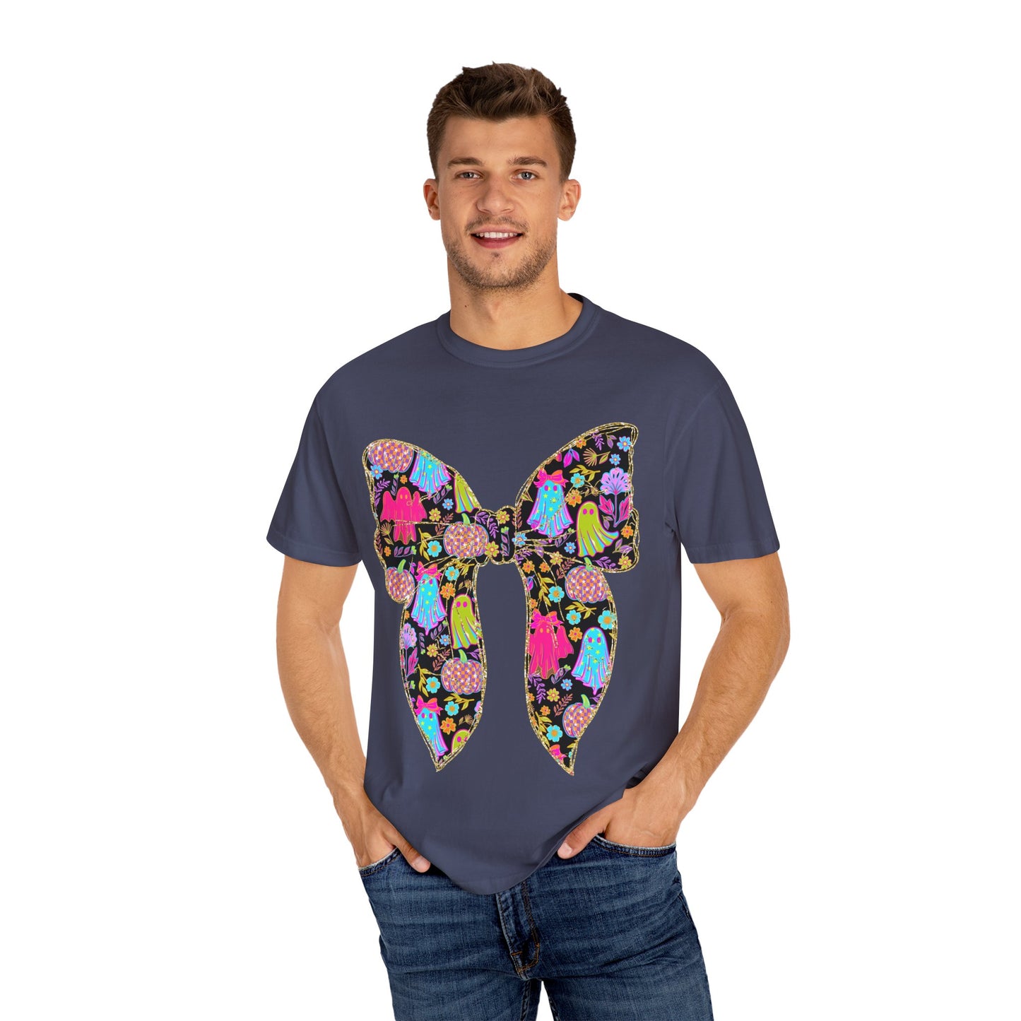 Colorful Ghosts Bow T-Shirt, Fun Halloween Top, Unisex Cotton Tee, Spooky Party Shirt, Whimsical Graphic T-Shirt, Perfect Gift for Occasions