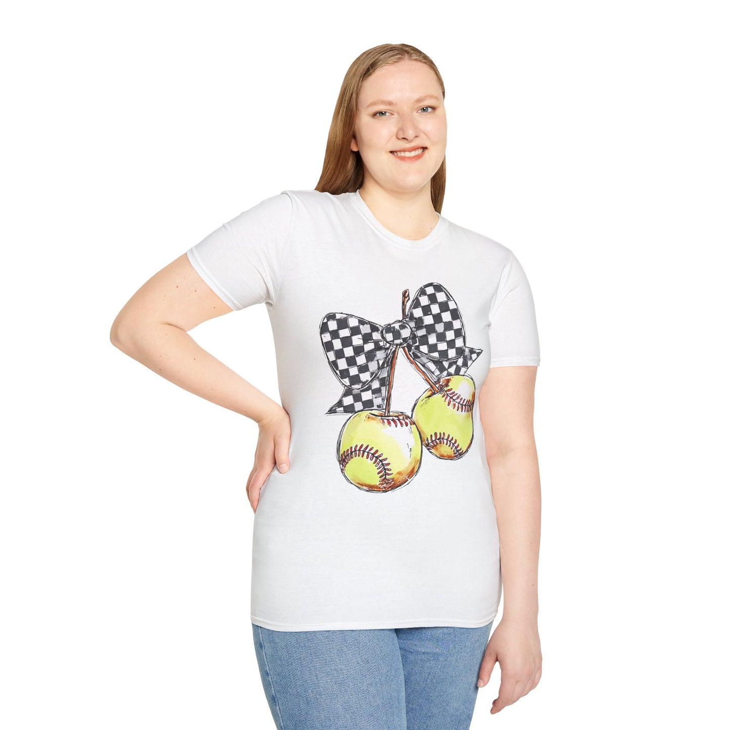 Softball Bow Unisex T-Shirt, Softball Mom Gift, Sporty Graphic Tee, Casual Wear, Team Spirit Shirt