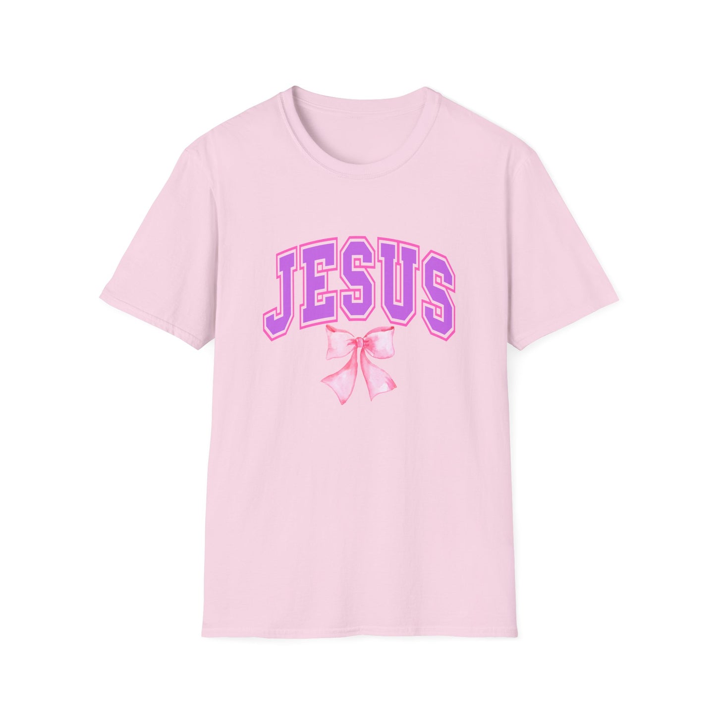 Jesus Bow Graphic Unisex Softstyle T-Shirt, Faith-Based Gift, Cute Christian Tee, Religious Apparel, Pastel Aesthetic Fashion