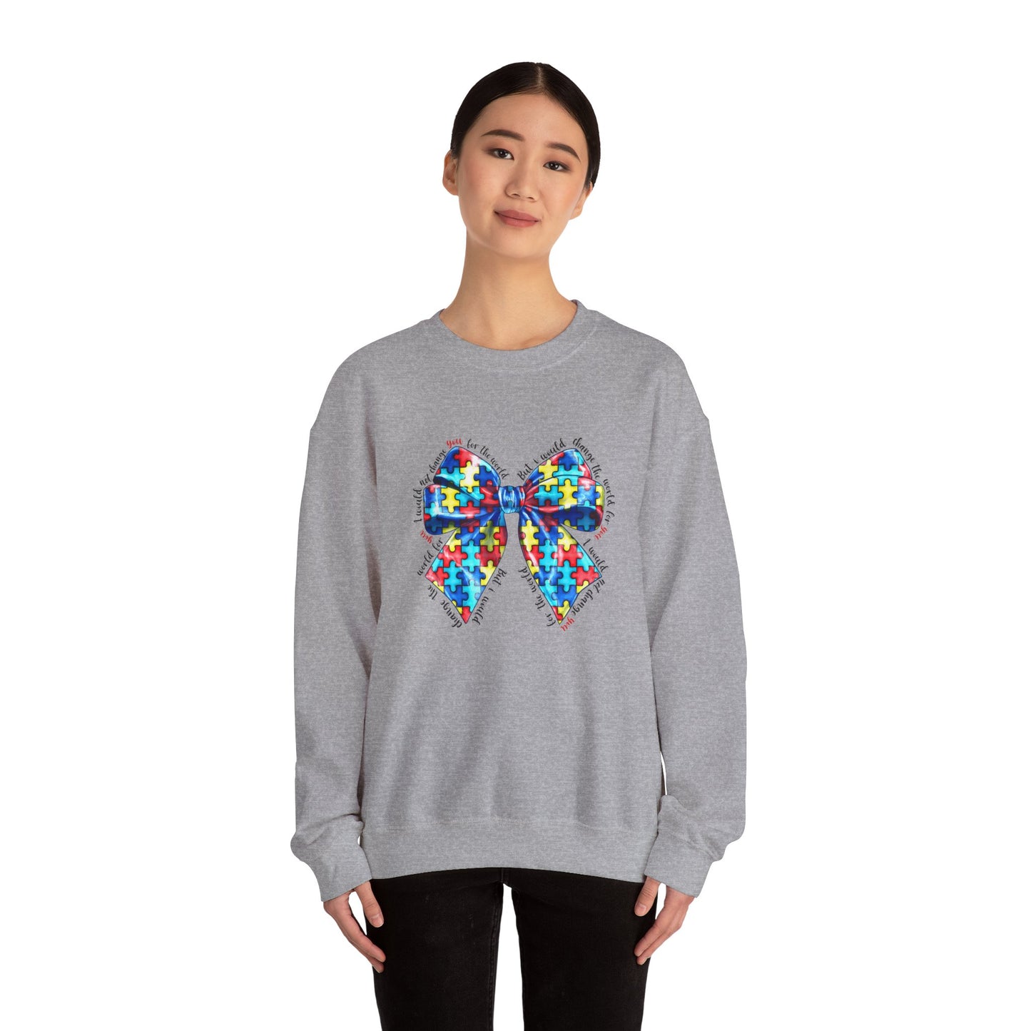 Autism Awareness Puzzle Bow Sweatshirt, Unisex Crewneck, Cozy Gift for Families, Support Autism, Everyday Wear, Holiday Apparel