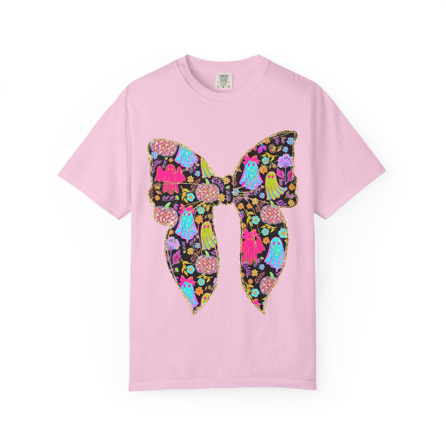 Colorful Ghosts Bow T-Shirt, Fun Halloween Top, Unisex Cotton Tee, Spooky Party Shirt, Whimsical Graphic T-Shirt, Perfect Gift for Occasions
