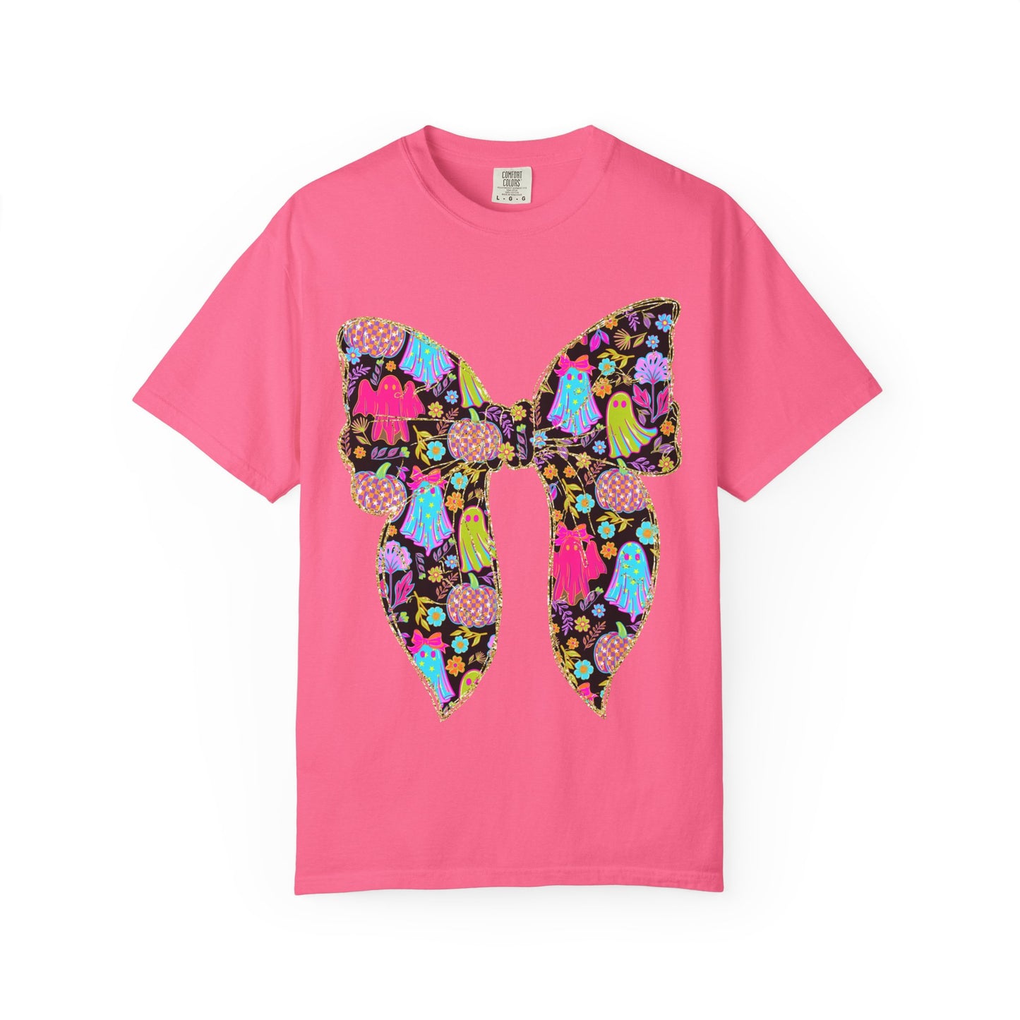 Colorful Ghosts Bow T-Shirt, Fun Halloween Top, Unisex Cotton Tee, Spooky Party Shirt, Whimsical Graphic T-Shirt, Perfect Gift for Occasions