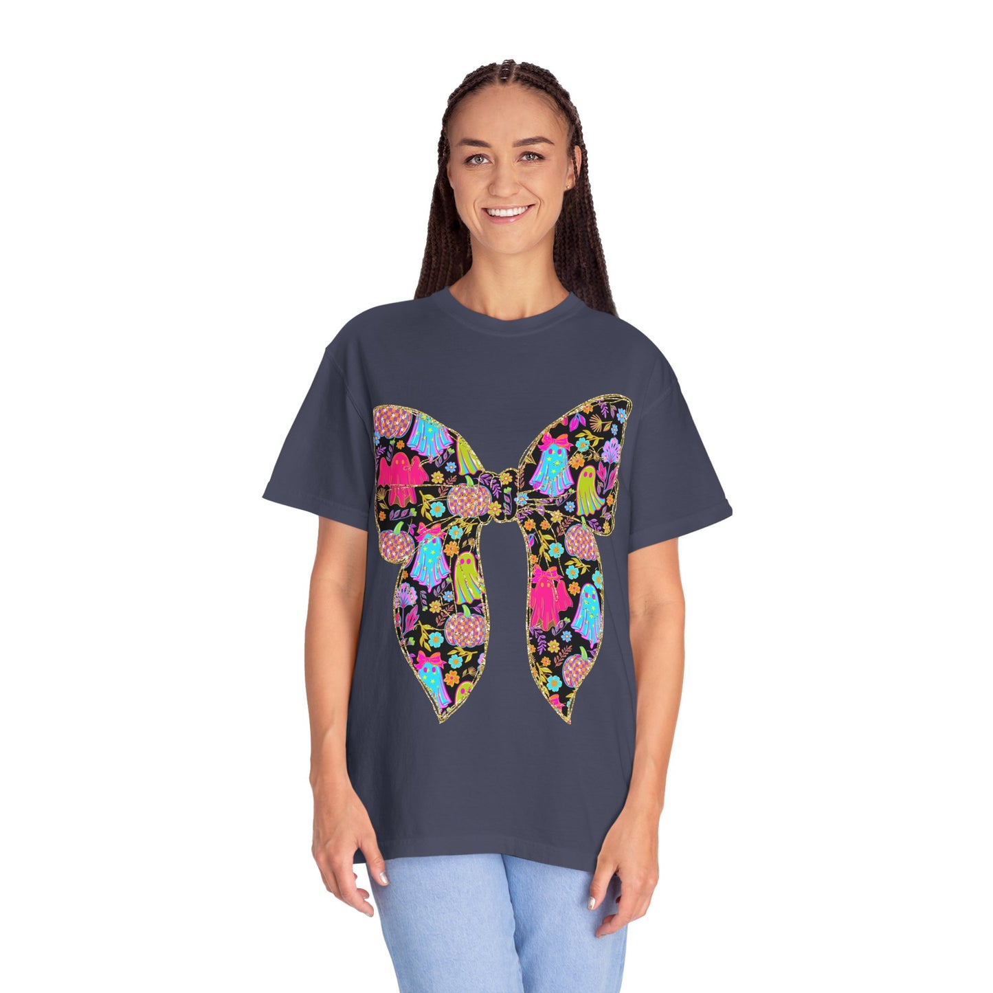 Colorful Ghosts Bow T-Shirt, Fun Halloween Top, Unisex Cotton Tee, Spooky Party Shirt, Whimsical Graphic T-Shirt, Perfect Gift for Occasions