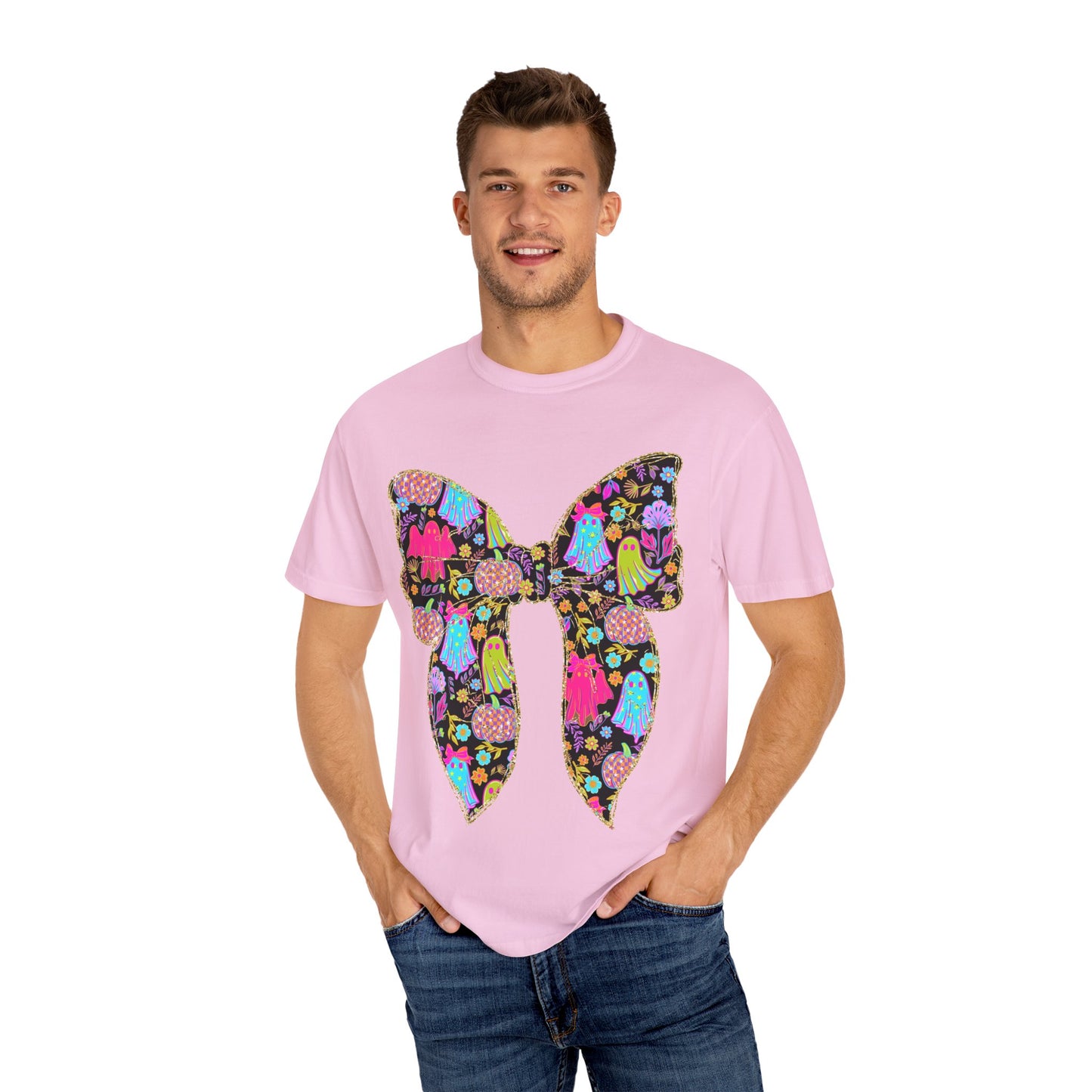 Colorful Ghosts Bow T-Shirt, Fun Halloween Top, Unisex Cotton Tee, Spooky Party Shirt, Whimsical Graphic T-Shirt, Perfect Gift for Occasions