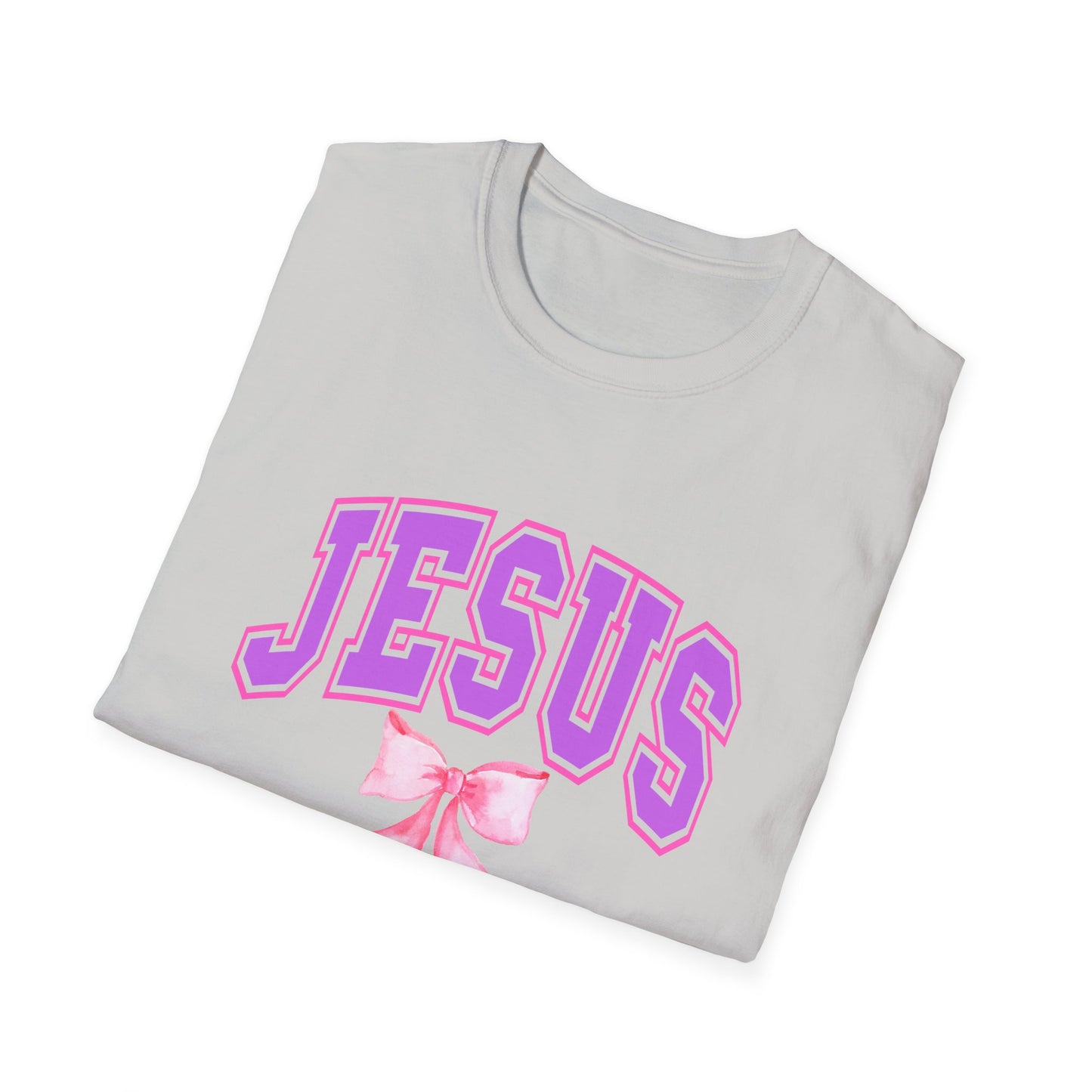 Jesus Bow Graphic Unisex Softstyle T-Shirt, Faith-Based Gift, Cute Christian Tee, Religious Apparel, Pastel Aesthetic Fashion
