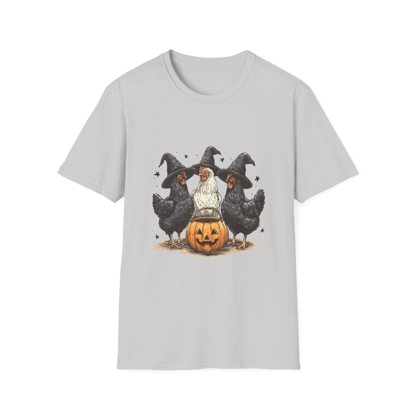 Halloween Witch Chickens Unisex Softstyle T-Shirt, Cute Fall Tee, Halloween Costume Shirt, Spooky Fun Apparel, Gift for Chicken Lovers