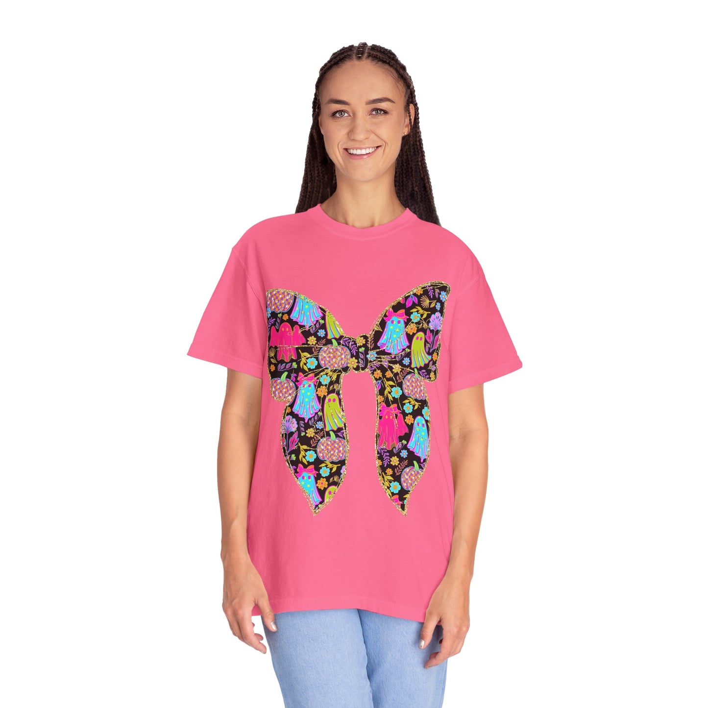 Colorful Ghosts Bow T-Shirt, Fun Halloween Top, Unisex Cotton Tee, Spooky Party Shirt, Whimsical Graphic T-Shirt, Perfect Gift for Occasions