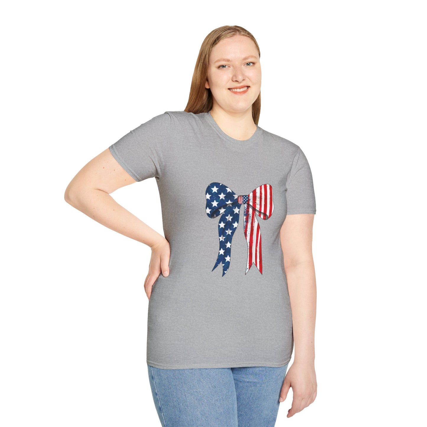Patriotic Bow T-Shirt, American Flag Graphic Top, Unisex Tee for Fourth of July, Casual Wear, Gift for Veterans, Independence Day Apparel