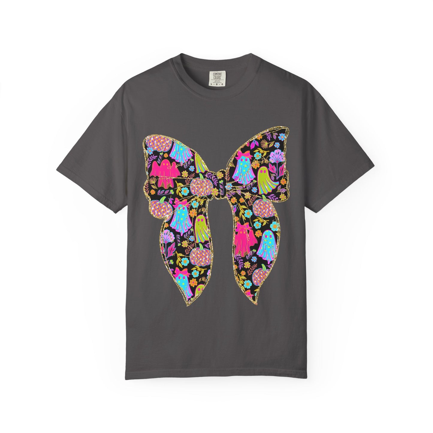 Colorful Ghosts Bow T-Shirt, Fun Halloween Top, Unisex Cotton Tee, Spooky Party Shirt, Whimsical Graphic T-Shirt, Perfect Gift for Occasions