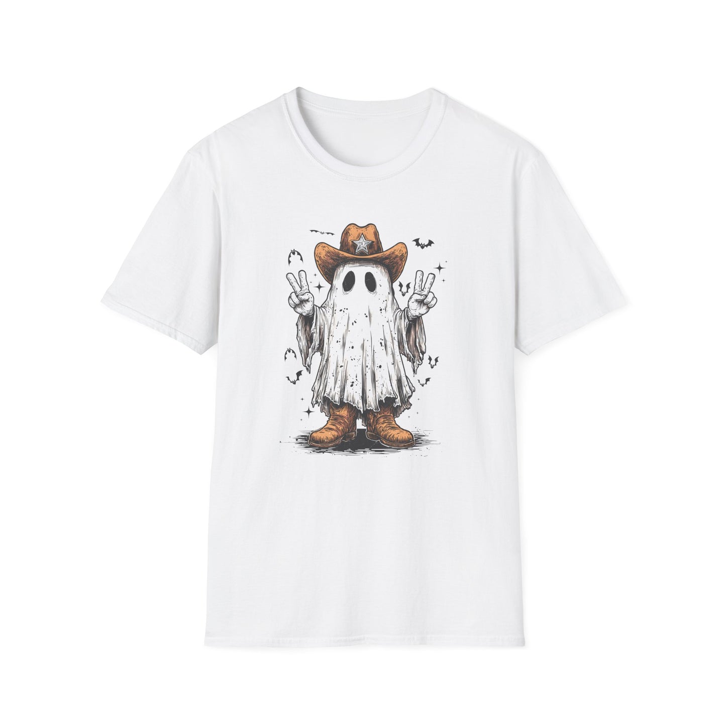 Ghost Cowboy Unisex Softstyle T-Shirt | Fun Halloween Tee, Casual Wear, Gift for Friends, Unique Halloween Costume, Spooky Vibes