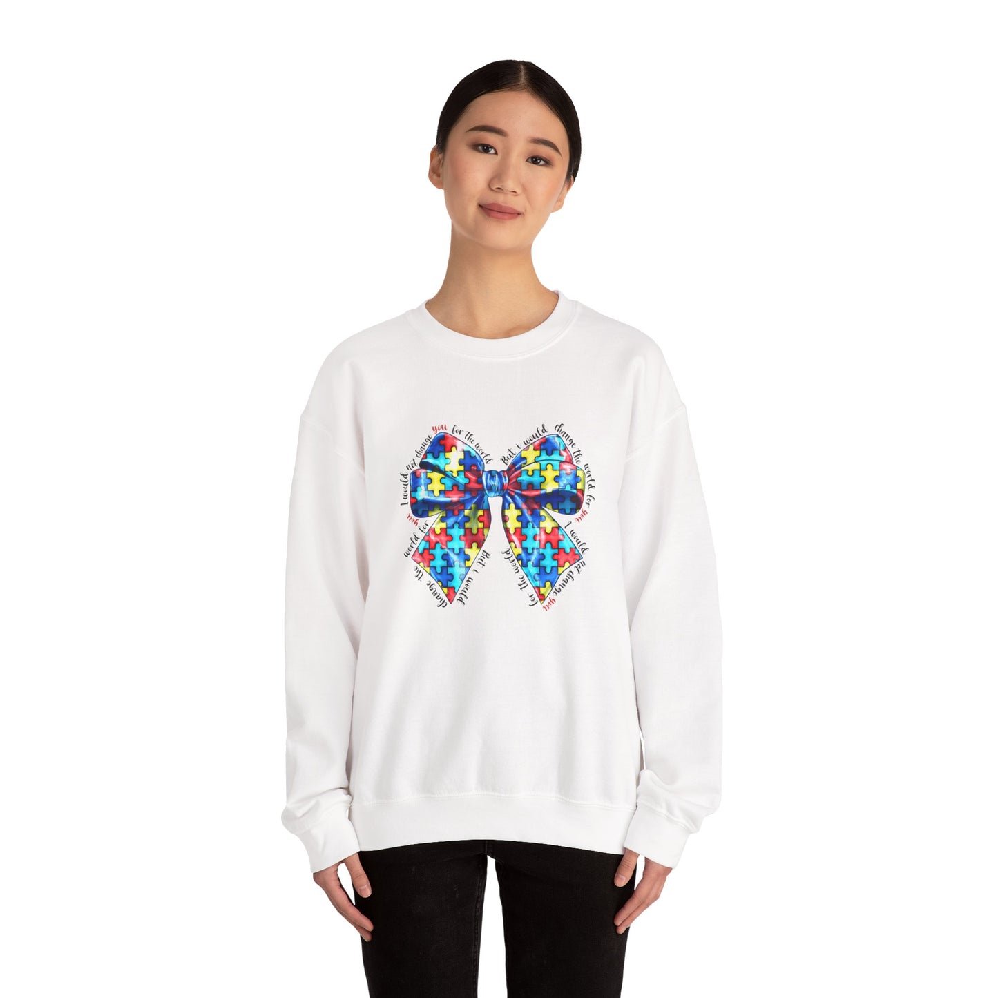 Autism Awareness Puzzle Bow Sweatshirt, Unisex Crewneck, Cozy Gift for Families, Support Autism, Everyday Wear, Holiday Apparel