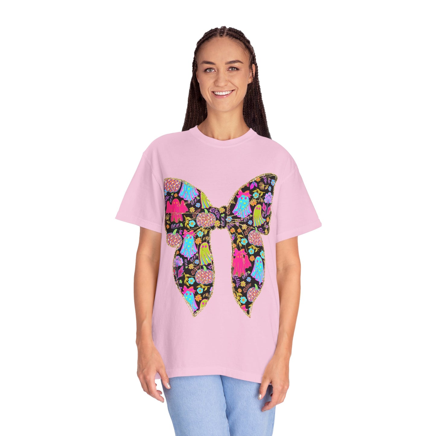 Colorful Ghosts Bow T-Shirt, Fun Halloween Top, Unisex Cotton Tee, Spooky Party Shirt, Whimsical Graphic T-Shirt, Perfect Gift for Occasions