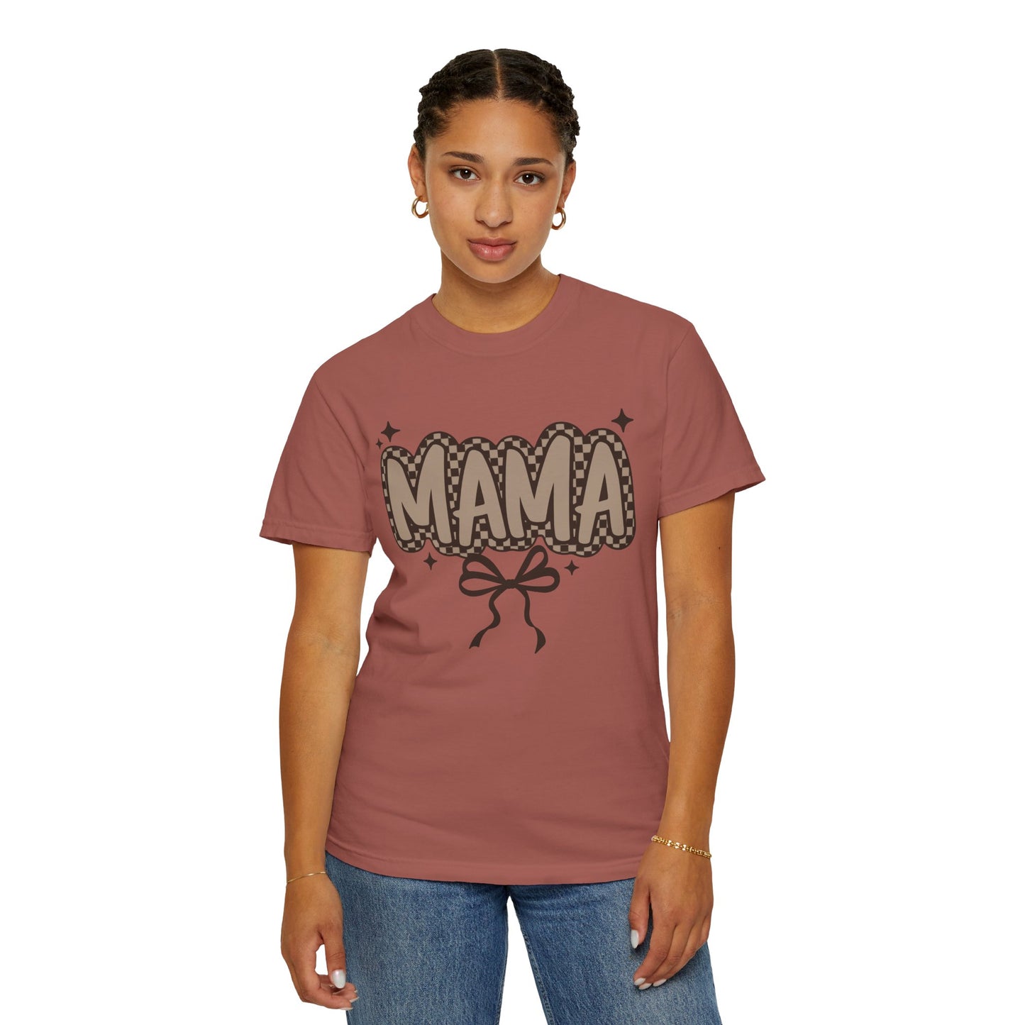 Mama Graphic T-Shirt — Retro Patch Lettering with Bow