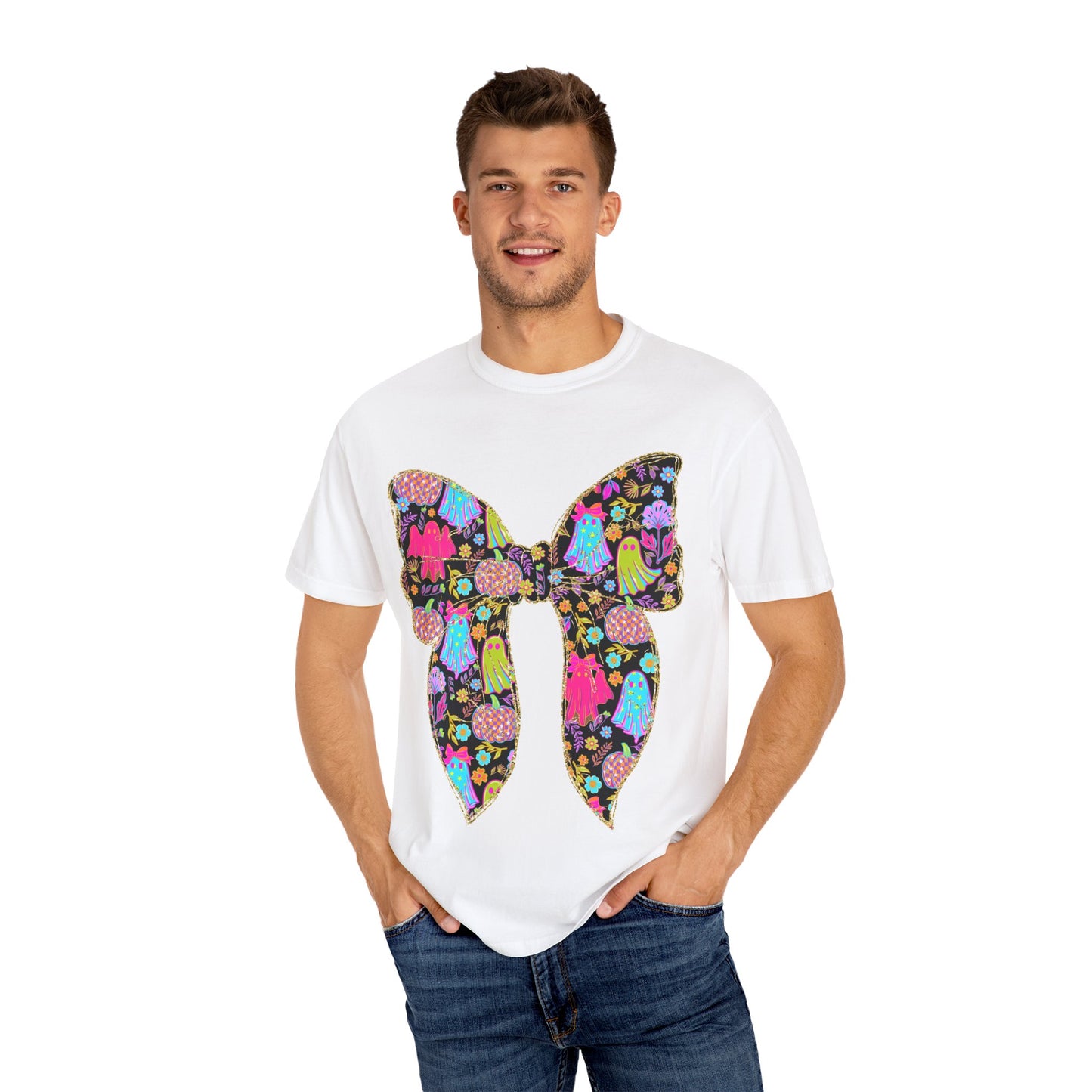 Colorful Ghosts Bow T-Shirt, Fun Halloween Top, Unisex Cotton Tee, Spooky Party Shirt, Whimsical Graphic T-Shirt, Perfect Gift for Occasions