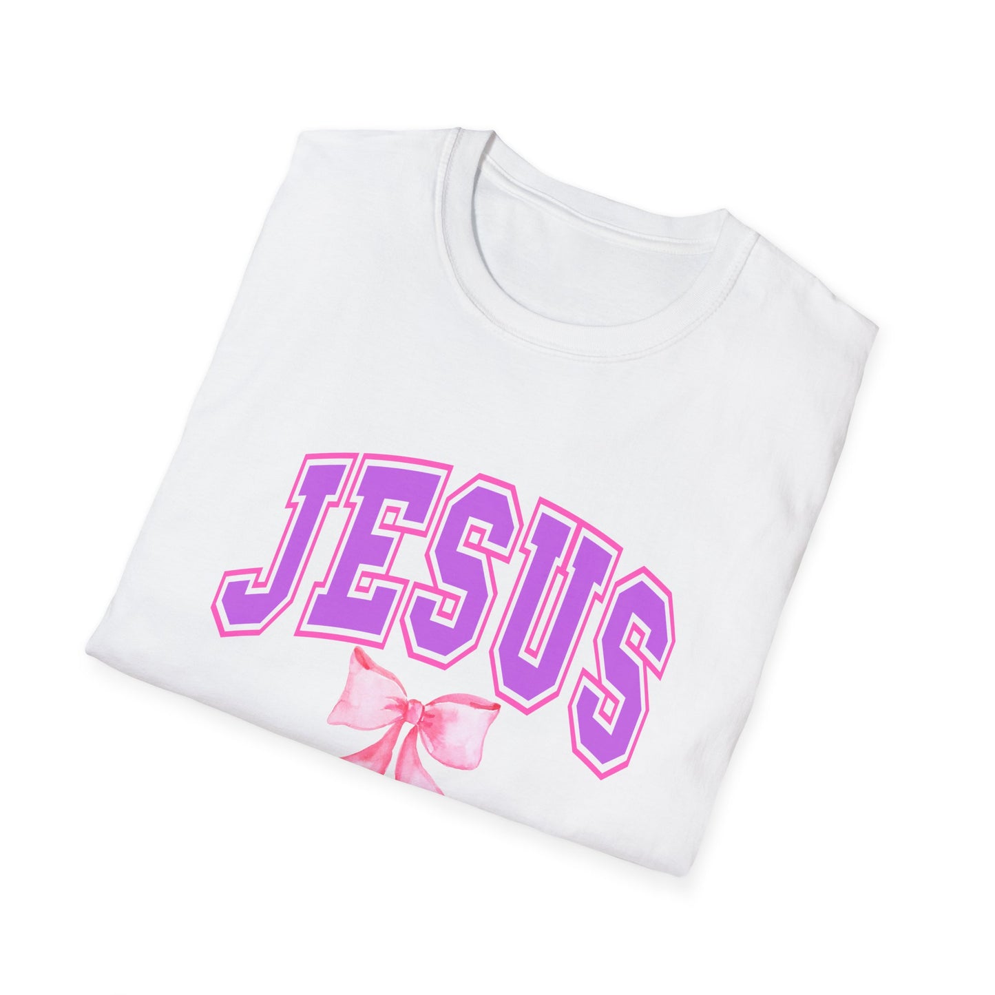 Jesus Bow Graphic Unisex Softstyle T-Shirt, Faith-Based Gift, Cute Christian Tee, Religious Apparel, Pastel Aesthetic Fashion