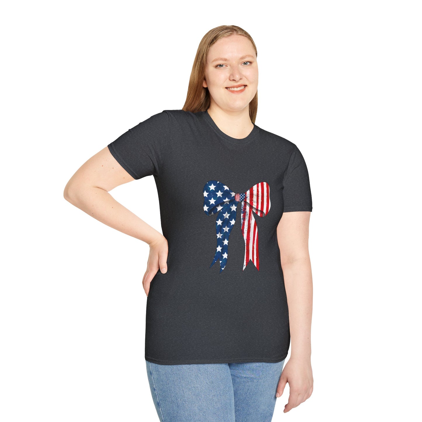 Patriotic Bow T-Shirt, American Flag Graphic Top, Unisex Tee for Fourth of July, Casual Wear, Gift for Veterans, Independence Day Apparel