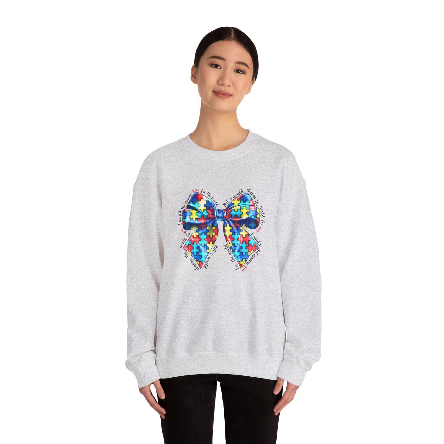 Autism Awareness Puzzle Bow Sweatshirt, Unisex Crewneck, Cozy Gift for Families, Support Autism, Everyday Wear, Holiday Apparel