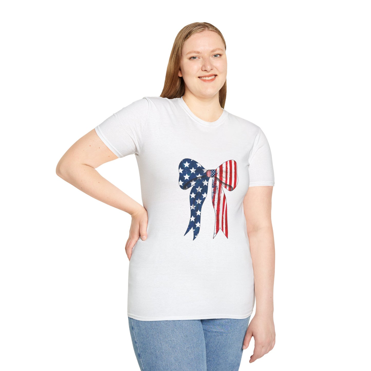 Patriotic Bow T-Shirt, American Flag Graphic Top, Unisex Tee for Fourth of July, Casual Wear, Gift for Veterans, Independence Day Apparel