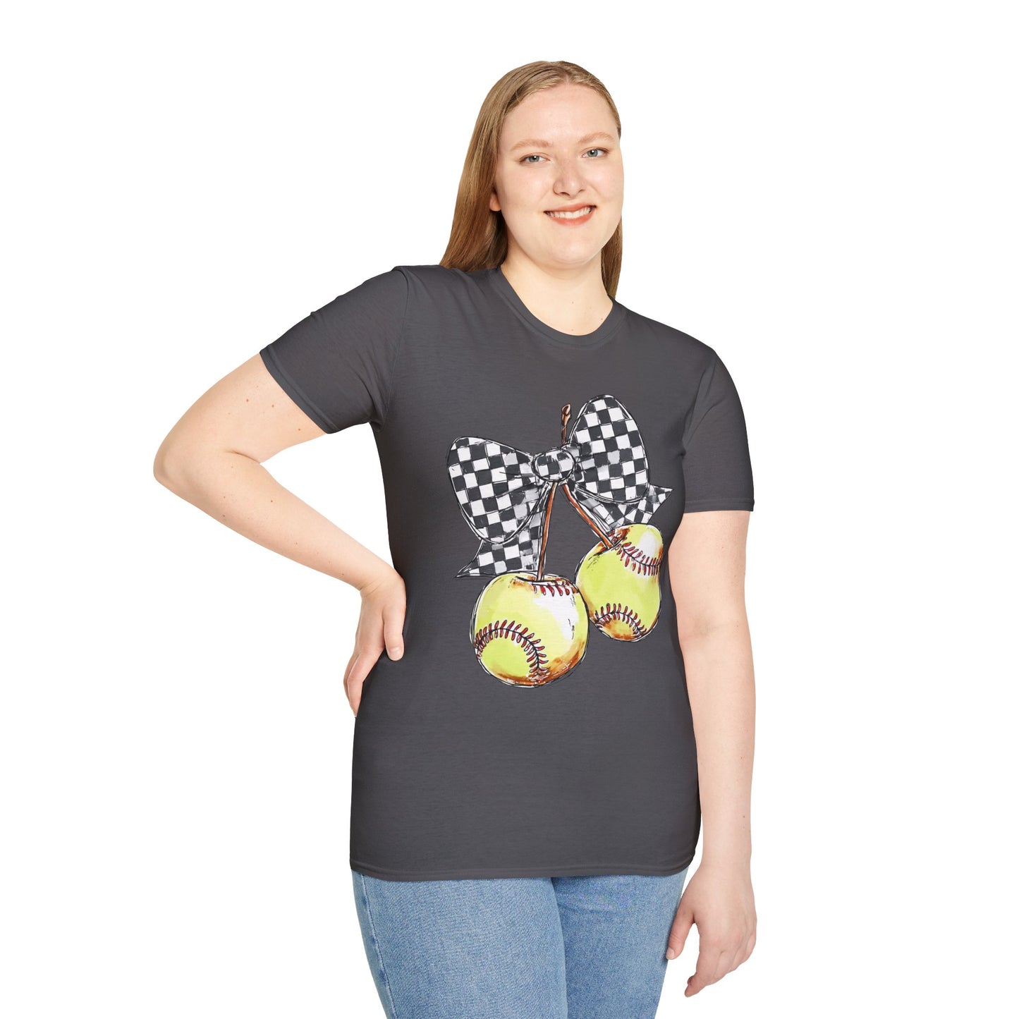 Softball Bow Unisex T-Shirt, Softball Mom Gift, Sporty Graphic Tee, Casual Wear, Team Spirit Shirt
