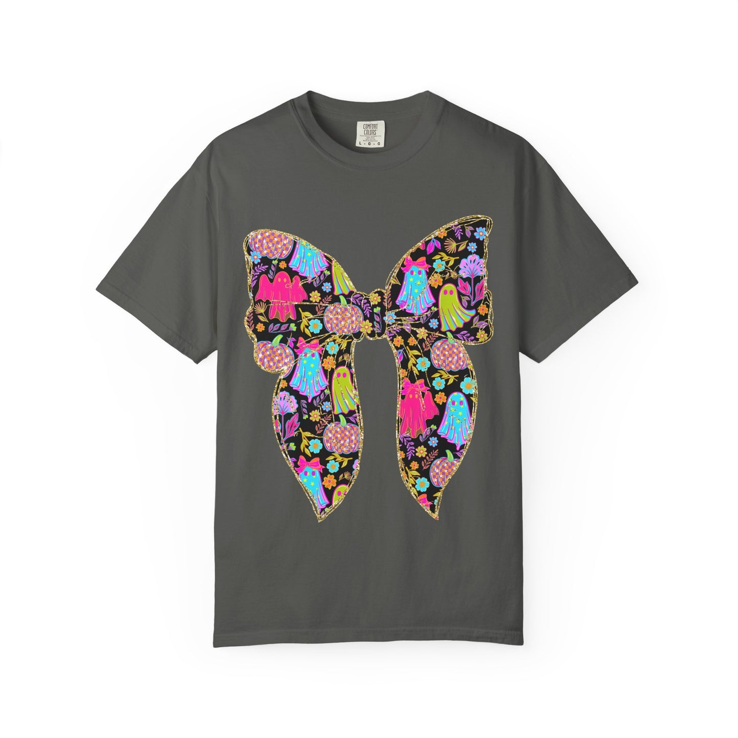 Colorful Ghosts Bow T-Shirt, Fun Halloween Top, Unisex Cotton Tee, Spooky Party Shirt, Whimsical Graphic T-Shirt, Perfect Gift for Occasions