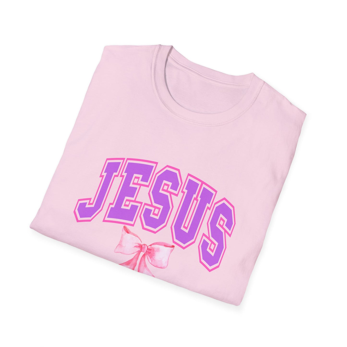 Jesus Bow Graphic Unisex Softstyle T-Shirt, Faith-Based Gift, Cute Christian Tee, Religious Apparel, Pastel Aesthetic Fashion