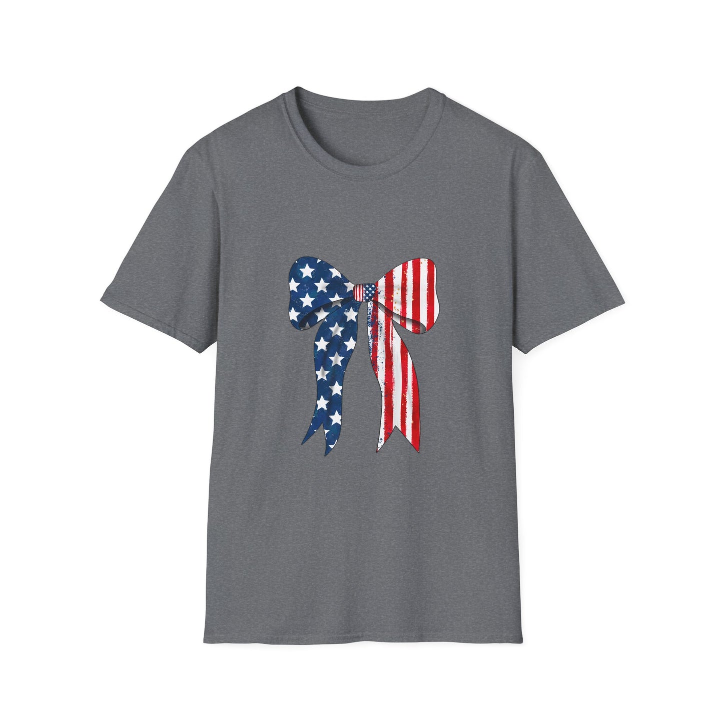 Patriotic Bow T-Shirt, American Flag Graphic Top, Unisex Tee for Fourth of July, Casual Wear, Gift for Veterans, Independence Day Apparel