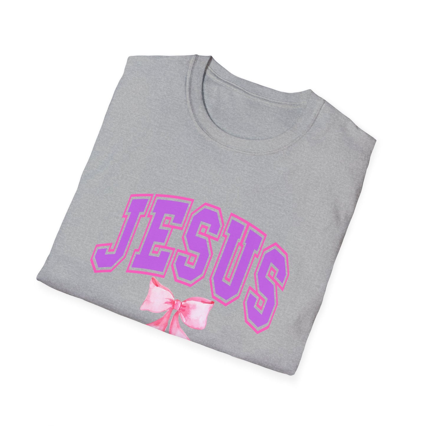 Jesus Bow Graphic Unisex Softstyle T-Shirt, Faith-Based Gift, Cute Christian Tee, Religious Apparel, Pastel Aesthetic Fashion