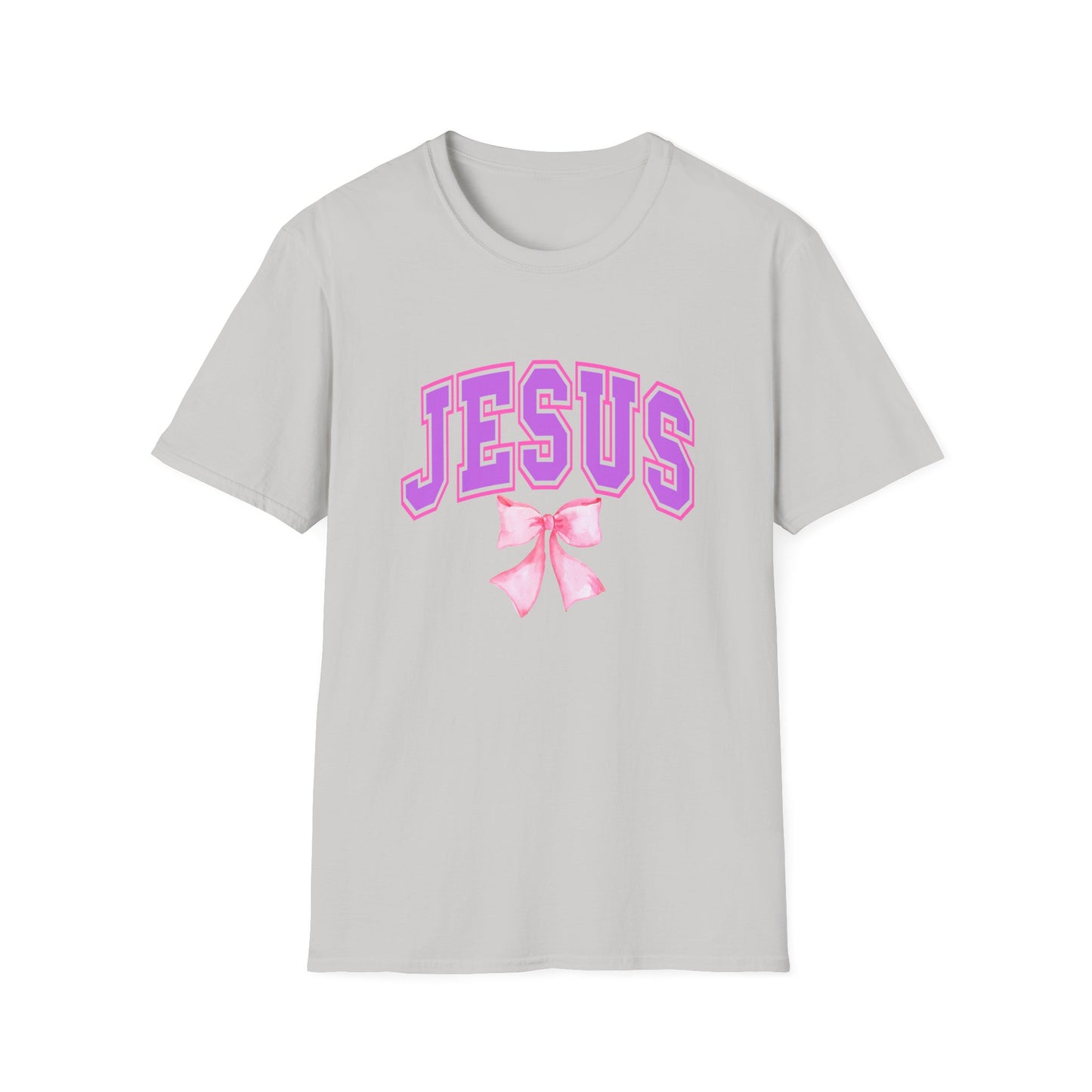 Jesus Bow Graphic Unisex Softstyle T-Shirt, Faith-Based Gift, Cute Christian Tee, Religious Apparel, Pastel Aesthetic Fashion