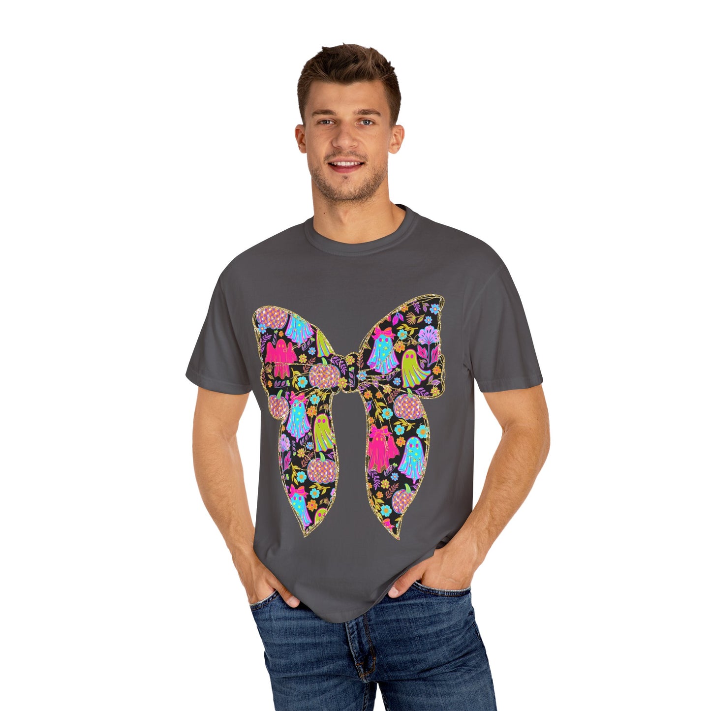 Colorful Ghosts Bow T-Shirt, Fun Halloween Top, Unisex Cotton Tee, Spooky Party Shirt, Whimsical Graphic T-Shirt, Perfect Gift for Occasions