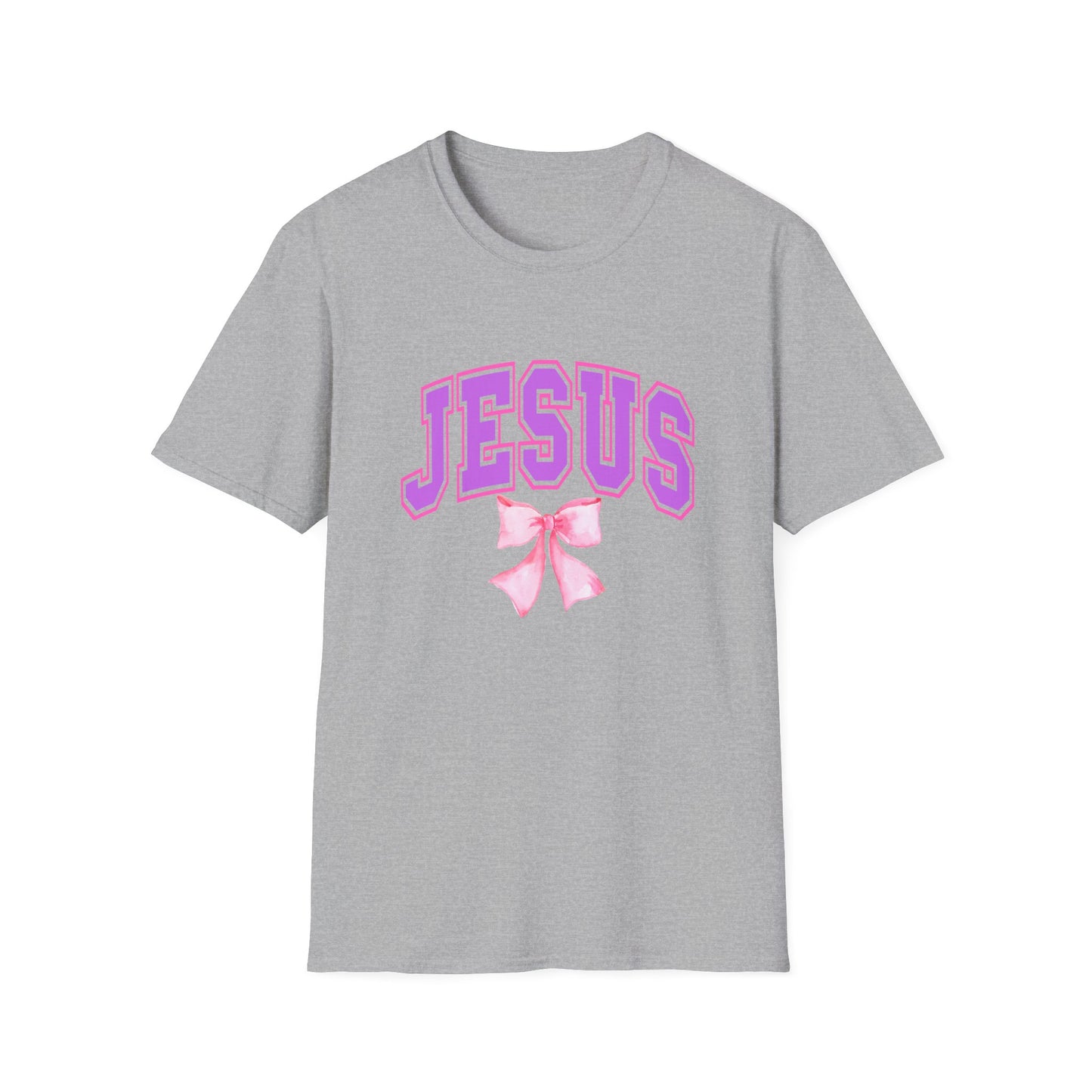 Jesus Bow Graphic Unisex Softstyle T-Shirt, Faith-Based Gift, Cute Christian Tee, Religious Apparel, Pastel Aesthetic Fashion