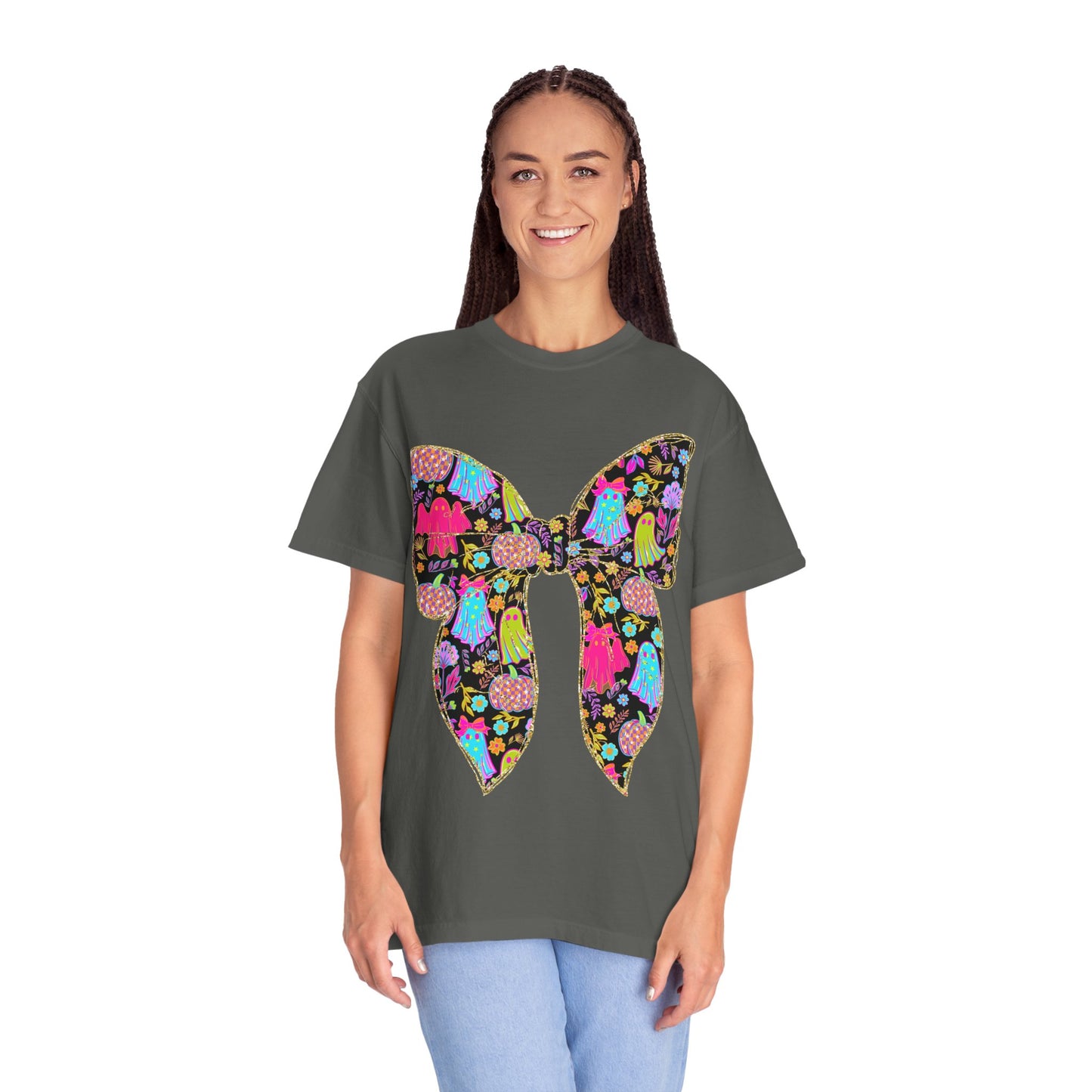 Colorful Ghosts Bow T-Shirt, Fun Halloween Top, Unisex Cotton Tee, Spooky Party Shirt, Whimsical Graphic T-Shirt, Perfect Gift for Occasions