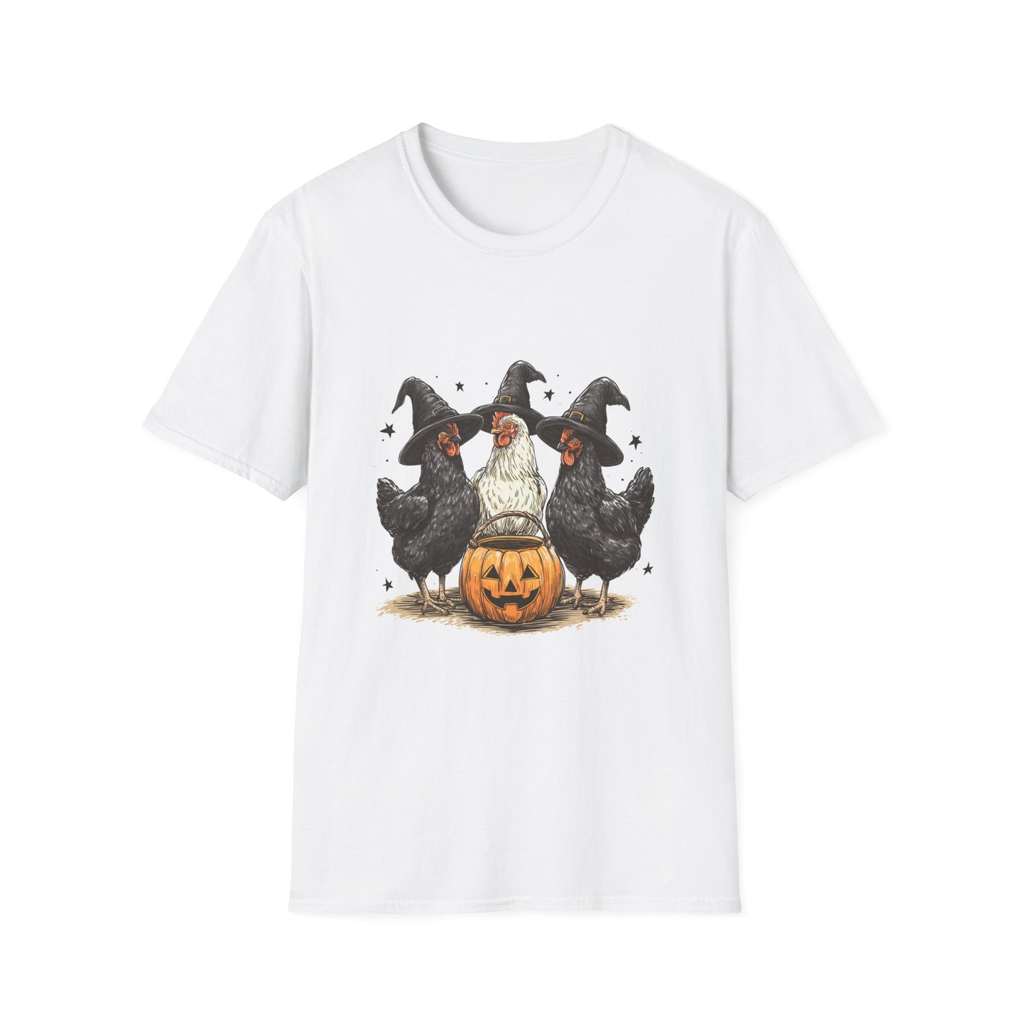 Halloween Witch Chickens Unisex Softstyle T-Shirt, Cute Fall Tee, Halloween Costume Shirt, Spooky Fun Apparel, Gift for Chicken Lovers