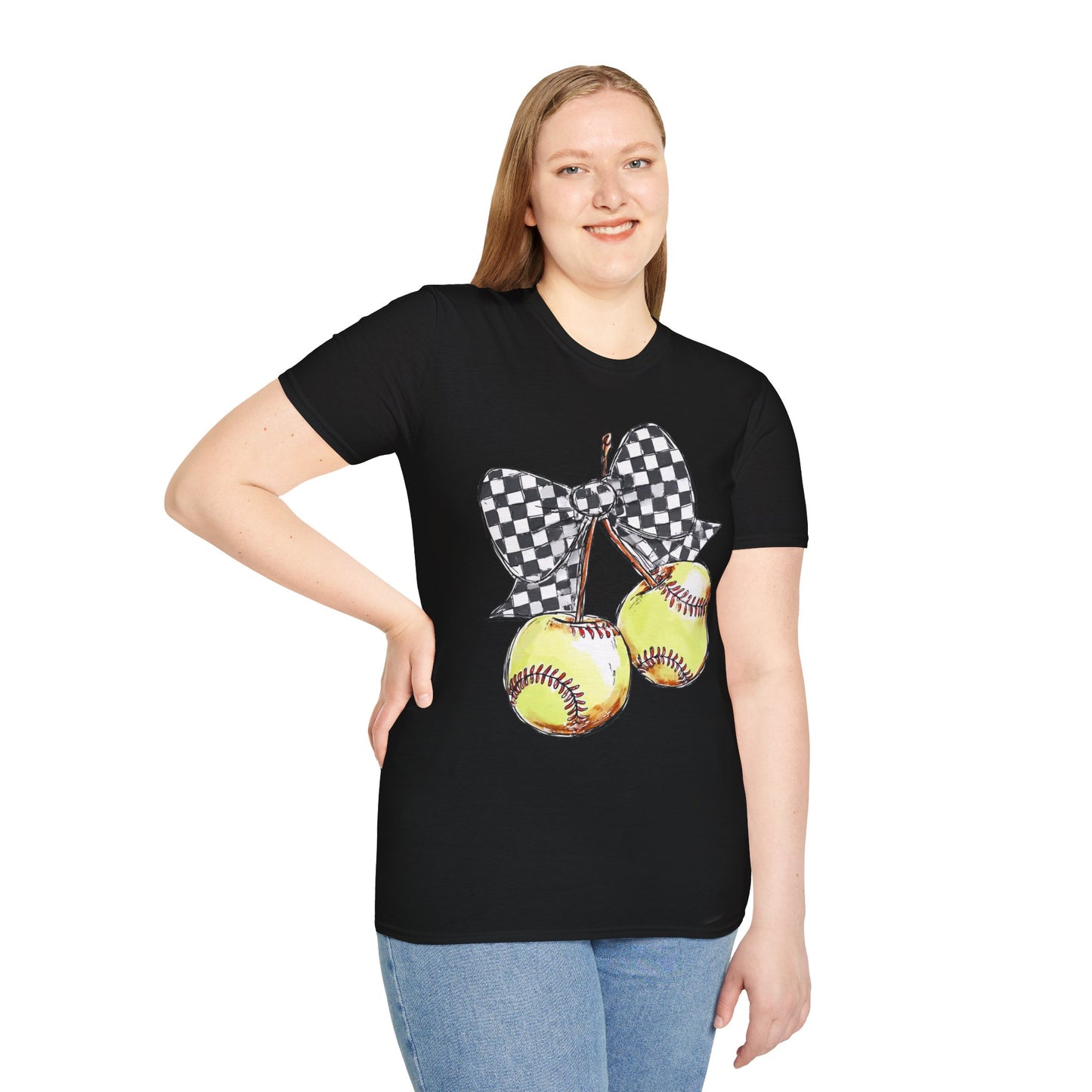 Softball Bow Unisex T-Shirt, Softball Mom Gift, Sporty Graphic Tee, Casual Wear, Team Spirit Shirt