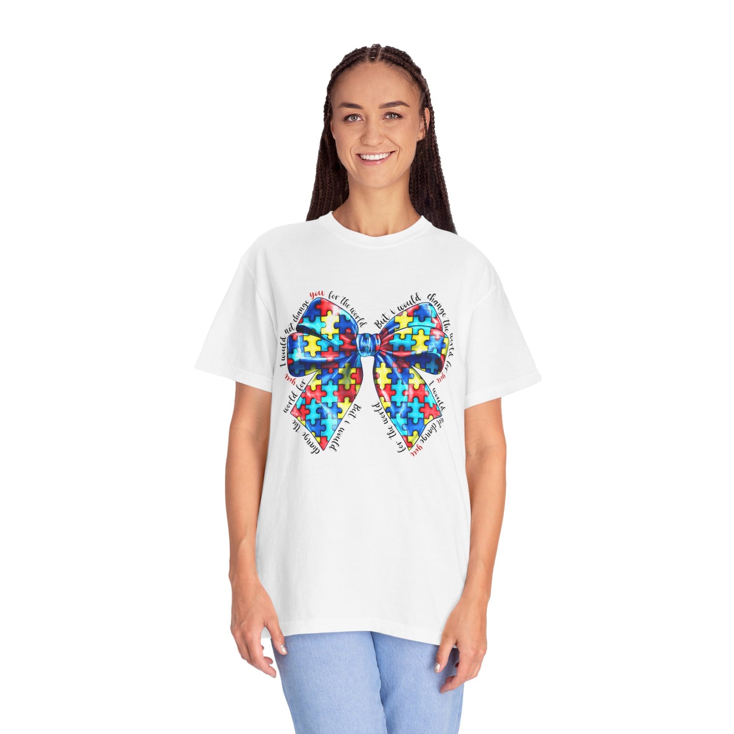 Colorful Puzzle Bow T-Shirt, Autism Awareness Tee, Unisex Comfort T-Shirt, Gift for Her, Gift for Him