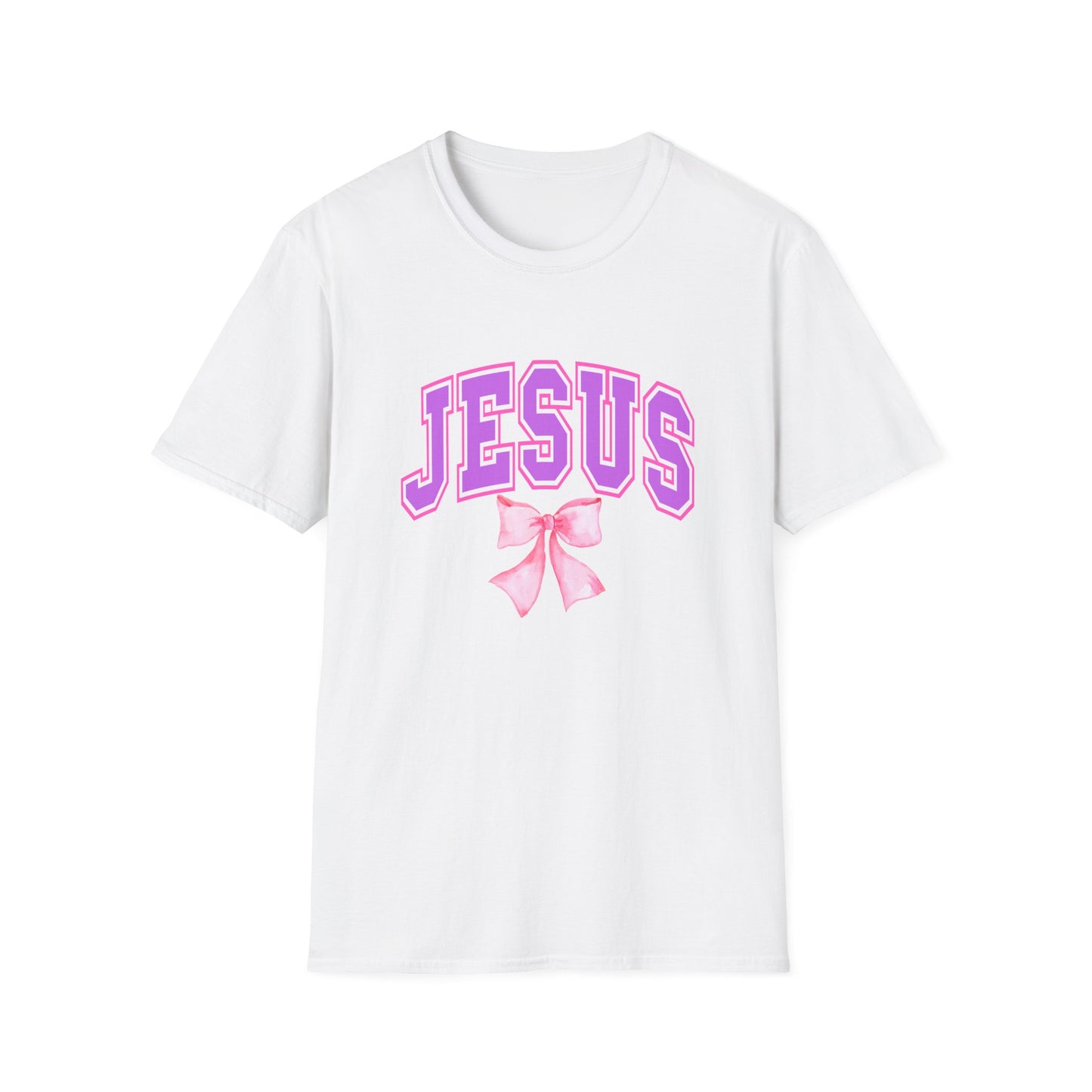 Jesus Bow Graphic Unisex Softstyle T-Shirt, Faith-Based Gift, Cute Christian Tee, Religious Apparel, Pastel Aesthetic Fashion