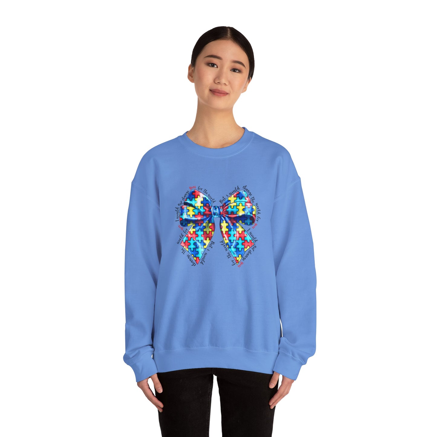 Autism Awareness Puzzle Bow Sweatshirt, Unisex Crewneck, Cozy Gift for Families, Support Autism, Everyday Wear, Holiday Apparel