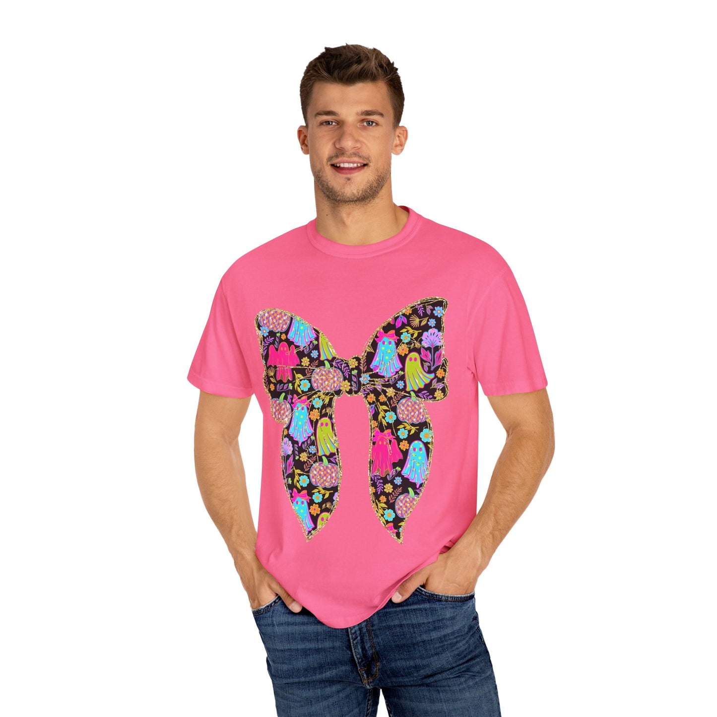 Colorful Ghosts Bow T-Shirt, Fun Halloween Top, Unisex Cotton Tee, Spooky Party Shirt, Whimsical Graphic T-Shirt, Perfect Gift for Occasions