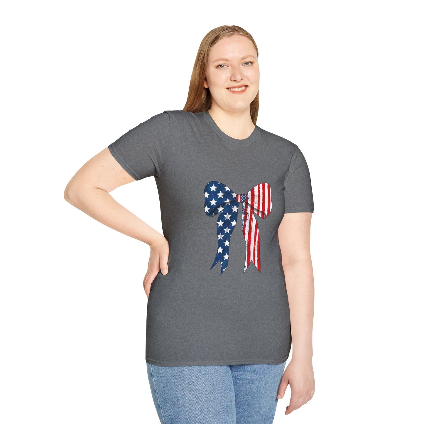 Patriotic Bow T-Shirt, American Flag Graphic Top, Unisex Tee for Fourth of July, Casual Wear, Gift for Veterans, Independence Day Apparel