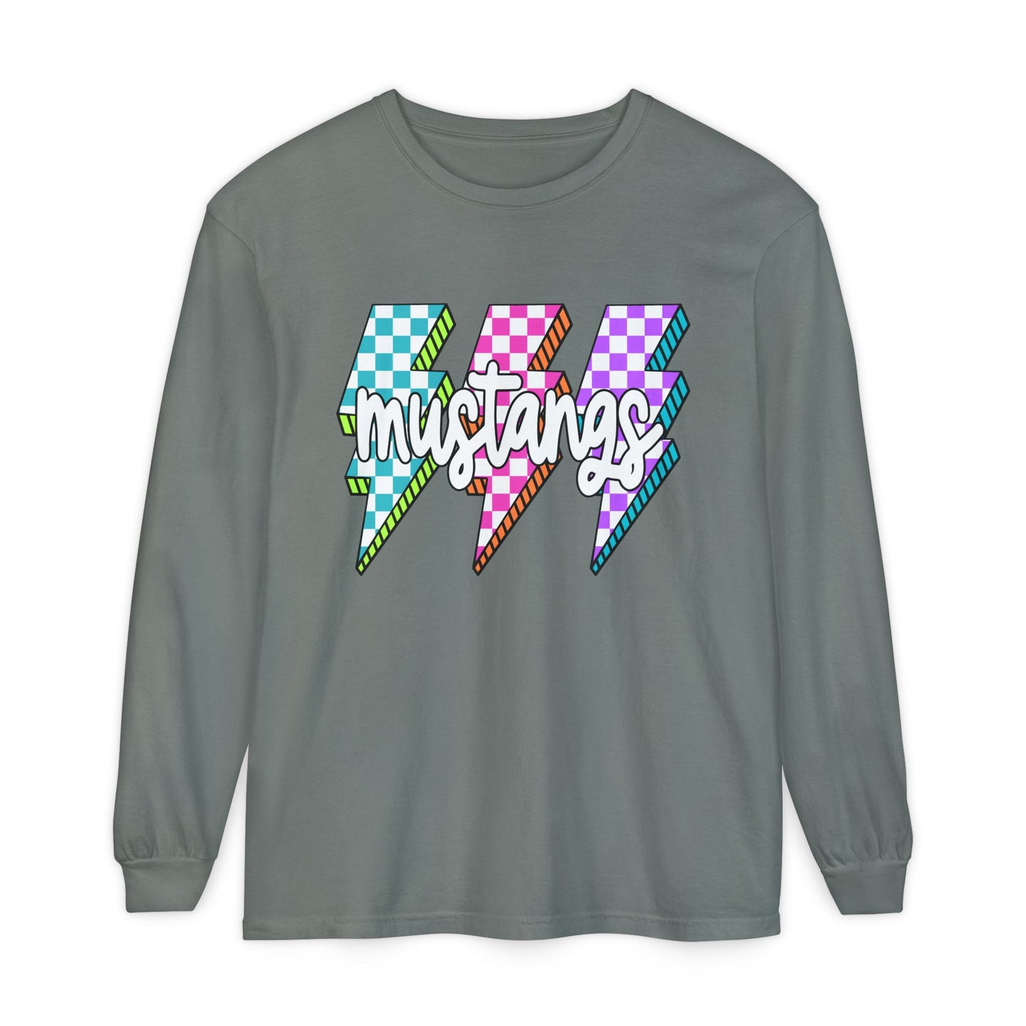 Colorful Mustangs Garment-Dyed Long Sleeve Tee, Unisex T-Shirt, Casual Wear, Gift for Mustang Lovers, Retro Graphic Shirt