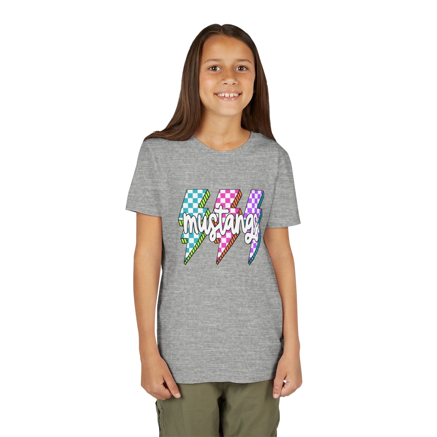 Vibrant Youth Tee - ‘Mustangs’ Graphic Short Sleeve Shirt for Kids, Perfect for Birthdays, Sports, Back to School, Gifts, and Casual Wear