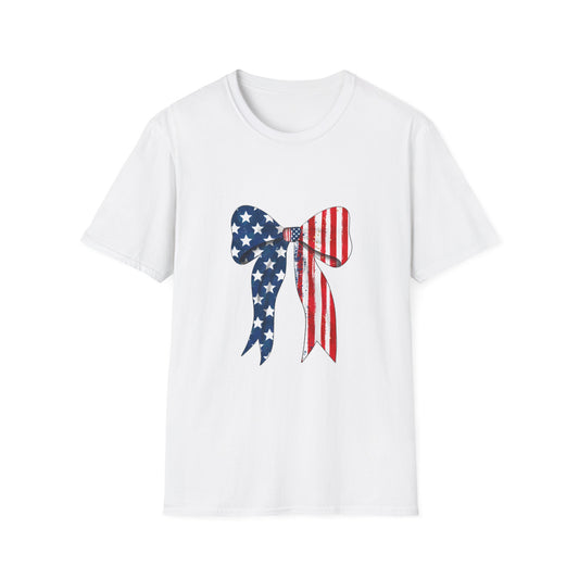 Patriotic Bow T-Shirt, American Flag Graphic Top, Unisex Tee for Fourth of July, Casual Wear, Gift for Veterans, Independence Day Apparel