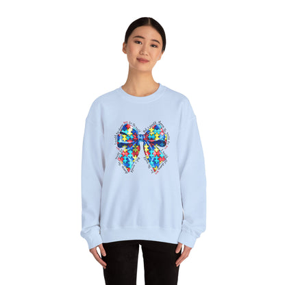 Autism Awareness Puzzle Bow Sweatshirt, Unisex Crewneck, Cozy Gift for Families, Support Autism, Everyday Wear, Holiday Apparel