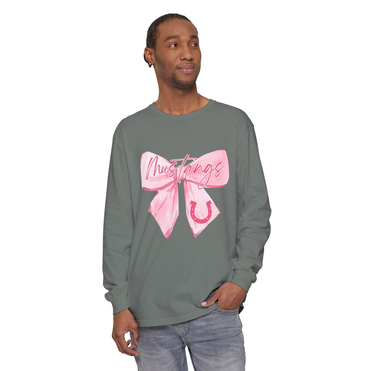 Mustangs Pink Bow Long Sleeve T-Shirt | Stylish Unisex Tee for Horse Lovers | Perfect Gift for Birthdays, Equine Events, or Casual Wear