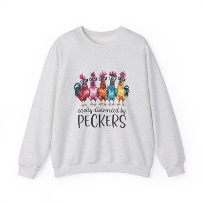 Easily Distracted by Peckers Crewneck Sweatshirt | Funny Gift, Cozy Apparel, Chicken Lover Hoodie, Humor Sweatshirt, Farmhouse Fashion